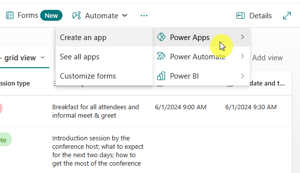 create an app through power apps inside a list