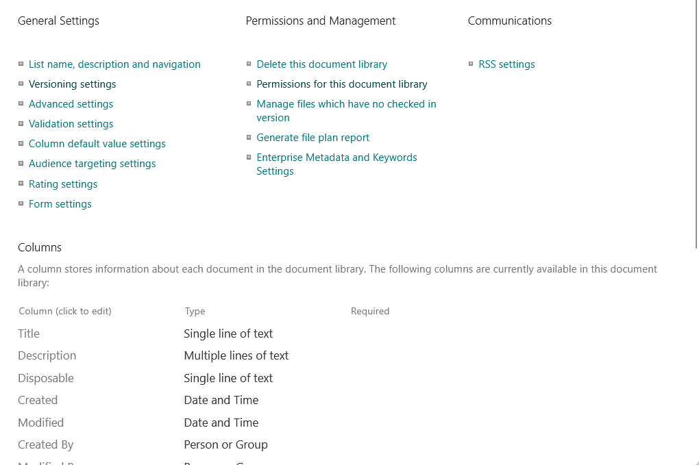 document library settings page unmarked