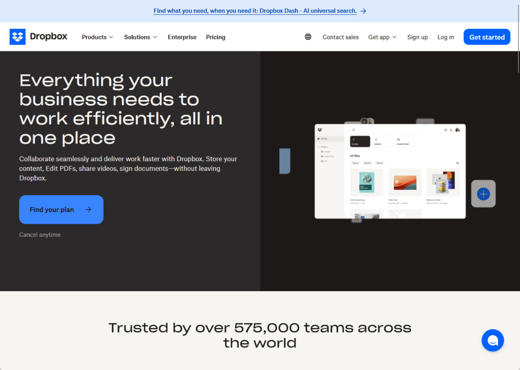 Screenshot of Dropbox’s business landing page showing the headline “Everything your business needs to work efficiently, all in one place,” a “Find your plan” button, and an image preview of Dropbox’s file management interface.