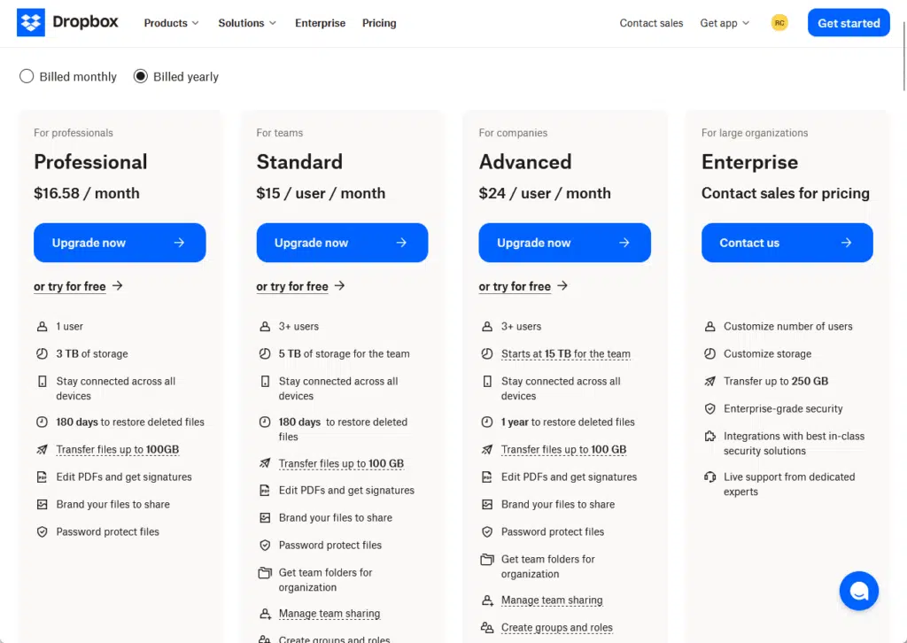 dropbox business plans