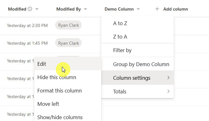 edit option on a library column