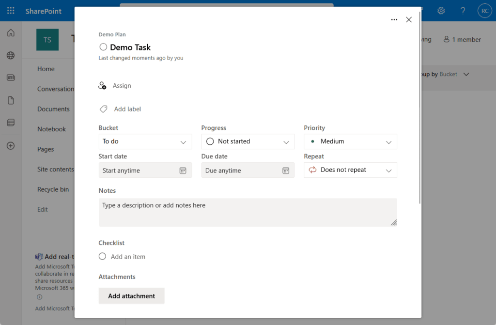 editing a demo task in team site