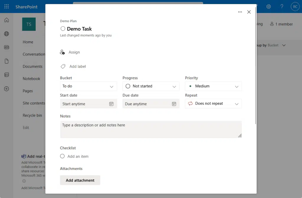 editing a demo task in team site
