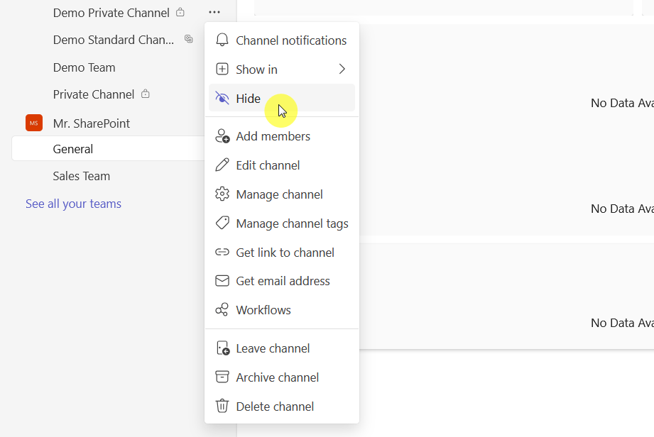 hide channel option in teams