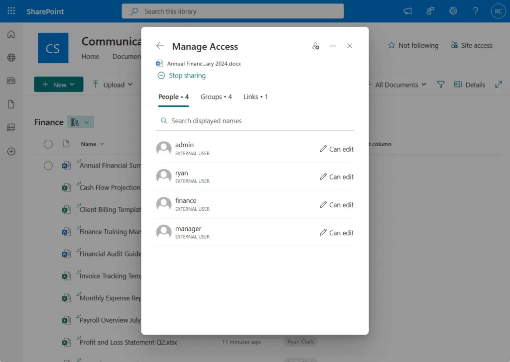 manage access panel for library item