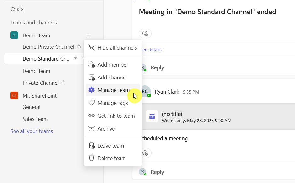 manage team in teams