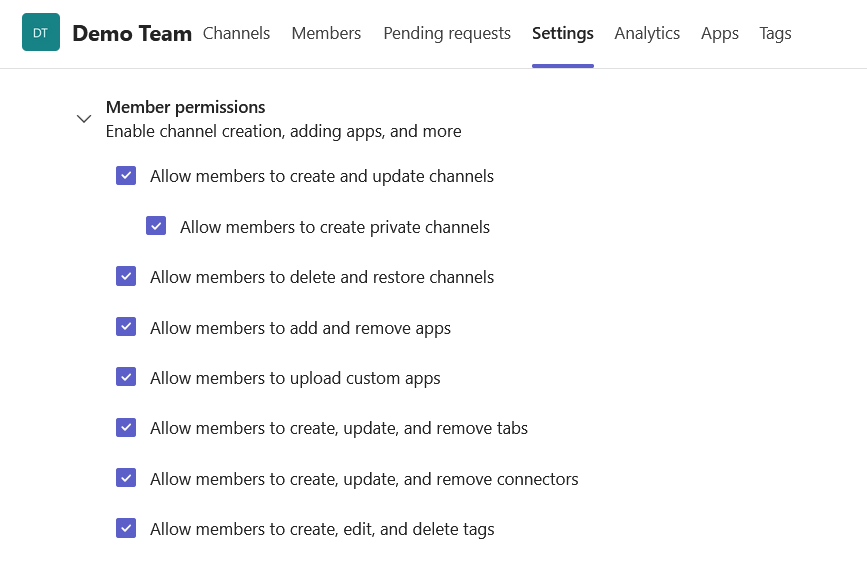 member permissions settings tab in teams