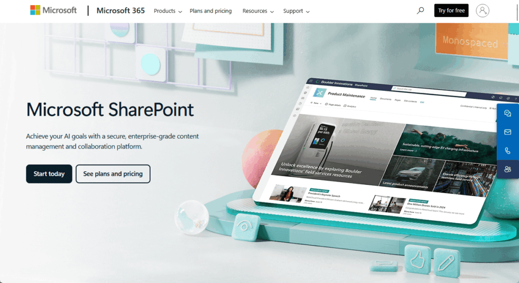 Microsoft SharePoint landing page on the Microsoft 365 website, featuring a promotional banner with a tablet displaying a SharePoint site. The page highlights enterprise-grade content management and collaboration features, with buttons to start today or see plans and pricing.