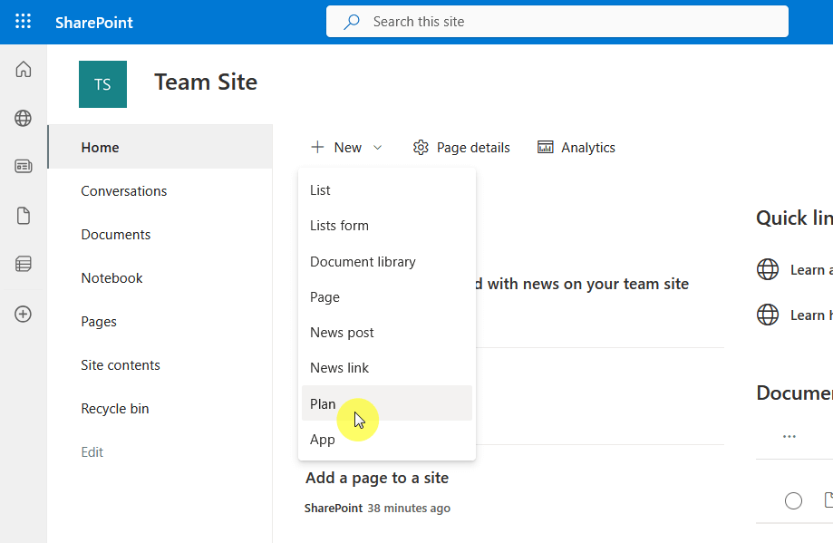 new plan option in a team site