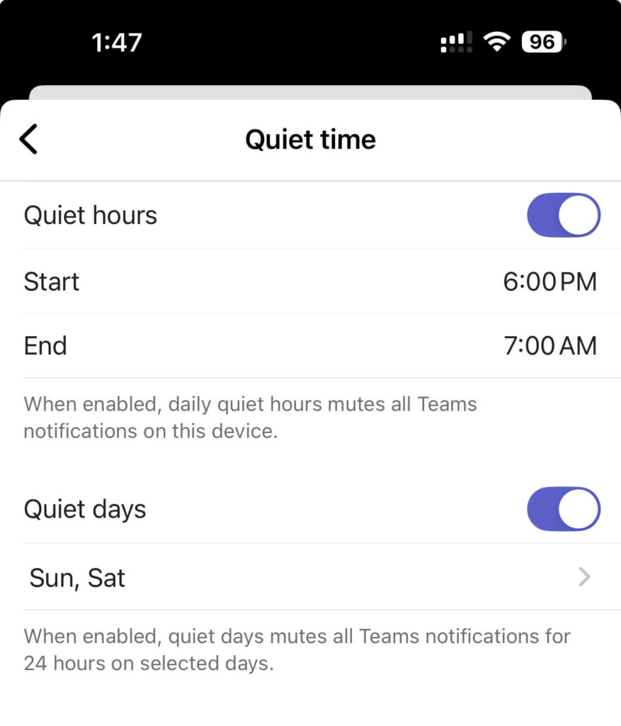 quiet hours options in teams iphone app