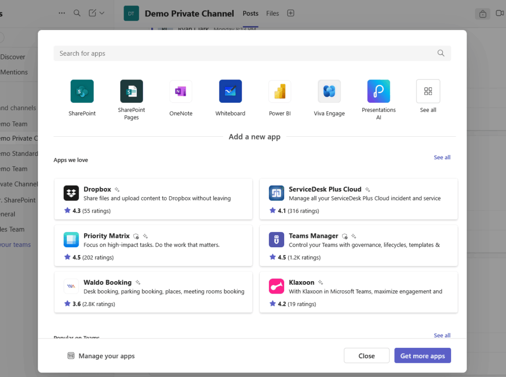 Screenshot of Microsoft Teams showing the “Add a new app” window in a demo private channel. The screen displays popular apps like SharePoint, OneNote, Power BI, and Viva Engage, along with third-party integrations such as Dropbox, ServiceDesk Plus Cloud, Teams Manager, and Klaxoon.