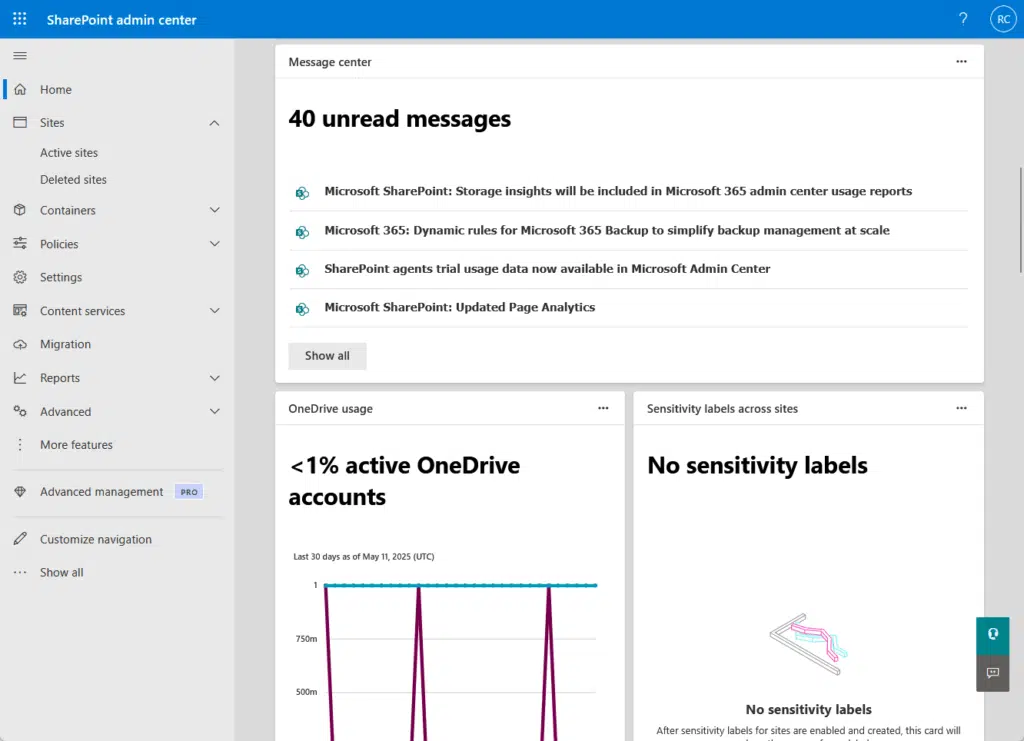 sharepoint admin center home
