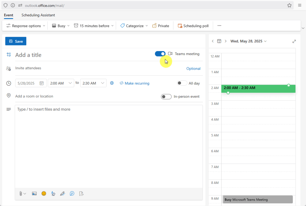 teams meeting event in outlook