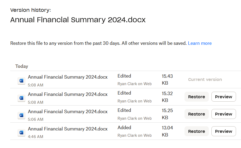 version history in dropbox