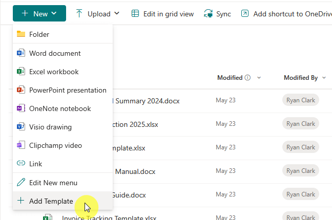 add template button in library