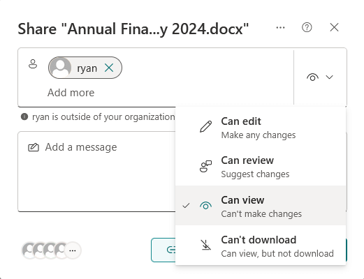 share dialog with email and name and permission