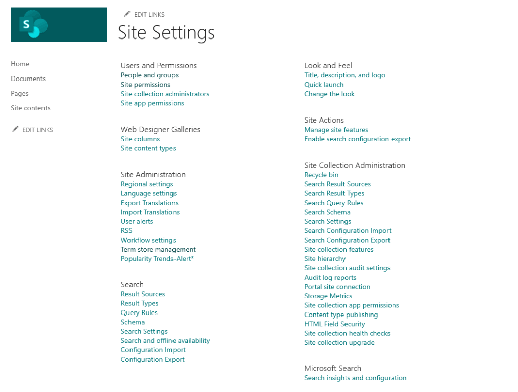 SharePoint site settings menu listing administration and configuration options