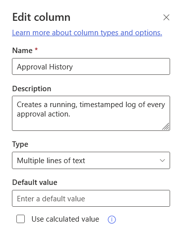 SharePoint column settings for “Approval History” as multiline text