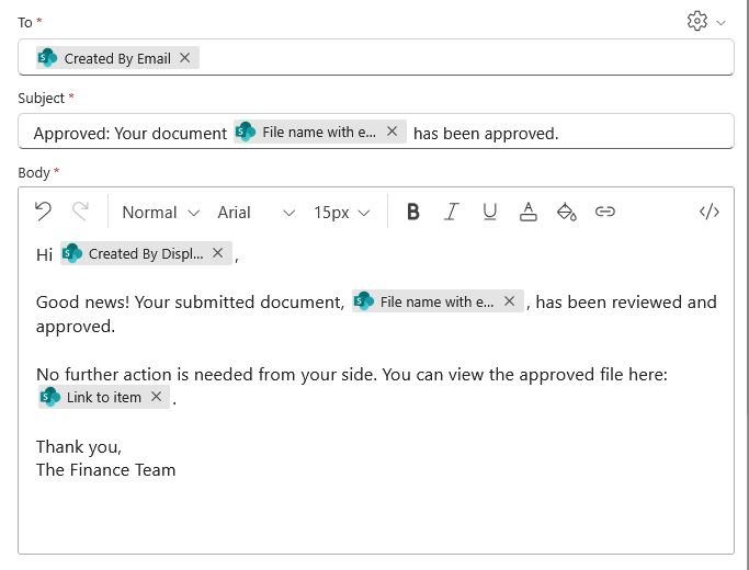 Email template for notifying approval of a submitted document