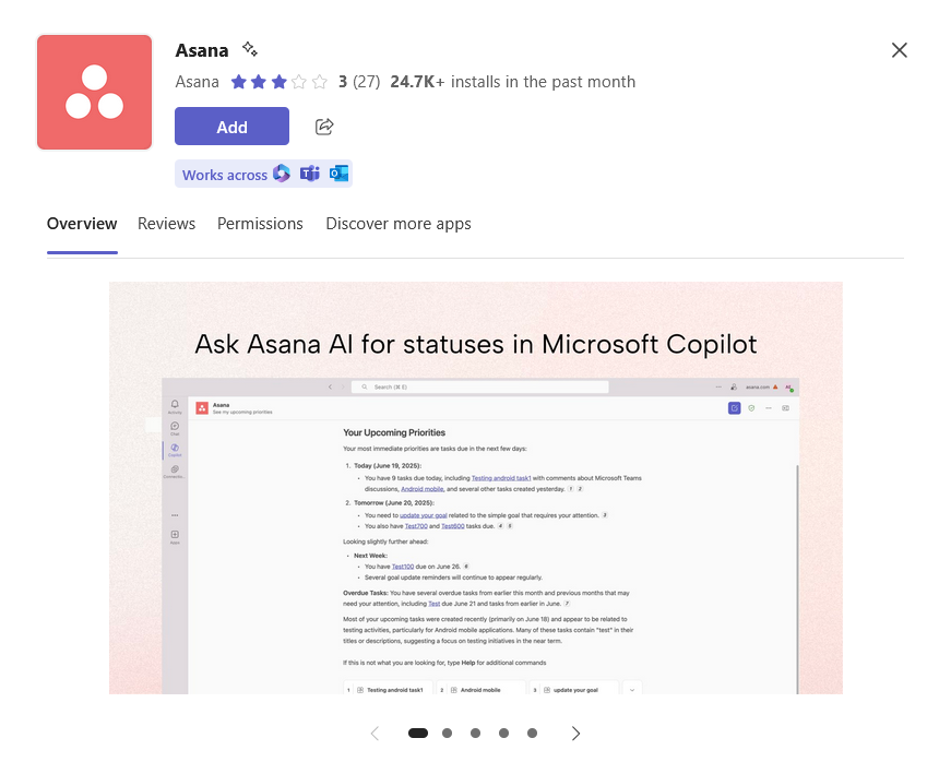 Asana Teams app overview highlighting AI status updates and a task list