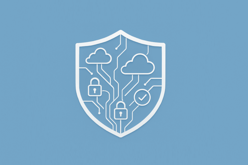 Stylized shield with cloud, lock, and checkmark icons on a solid blue background