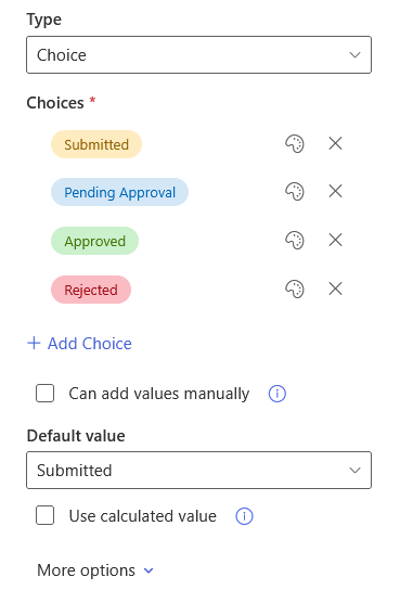 Choice field configuration with default set to “Submitted” and colored tags