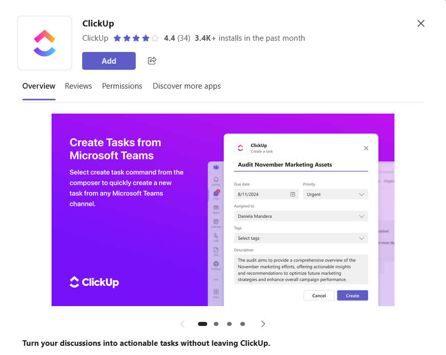 ClickUp Teams app showing task creation screen and rating info