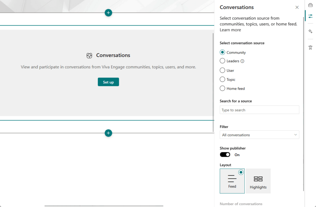 Screenshot of a SharePoint page displaying the βConversationsβ web part setup panel. The main section shows a gray placeholder with the text βView and participate in conversations from Viva Engage communities, topics, users, and more,β and a teal βSet upβ button. On the right, configuration options include selecting a conversation source (Community, Leaders, User, Topic, or Home feed), filters for conversations, and layout options set to βFeed.β