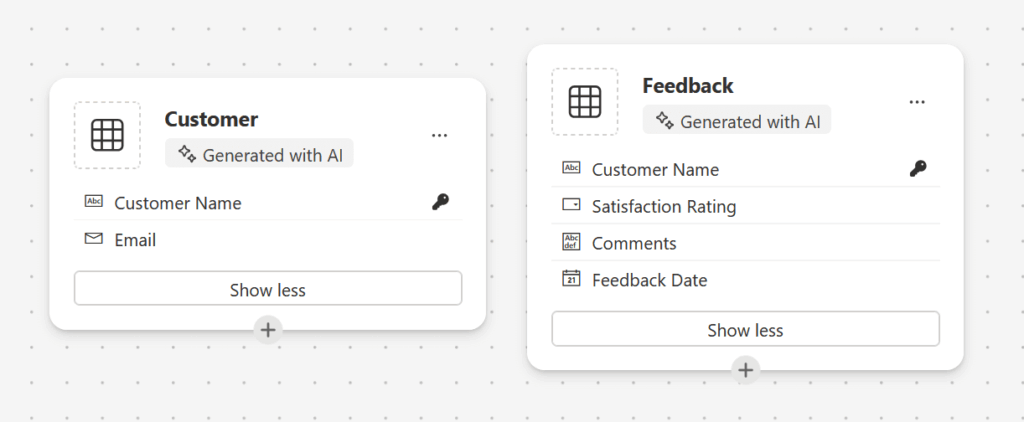 Power Apps AI-generated tables for a customer feedback survey