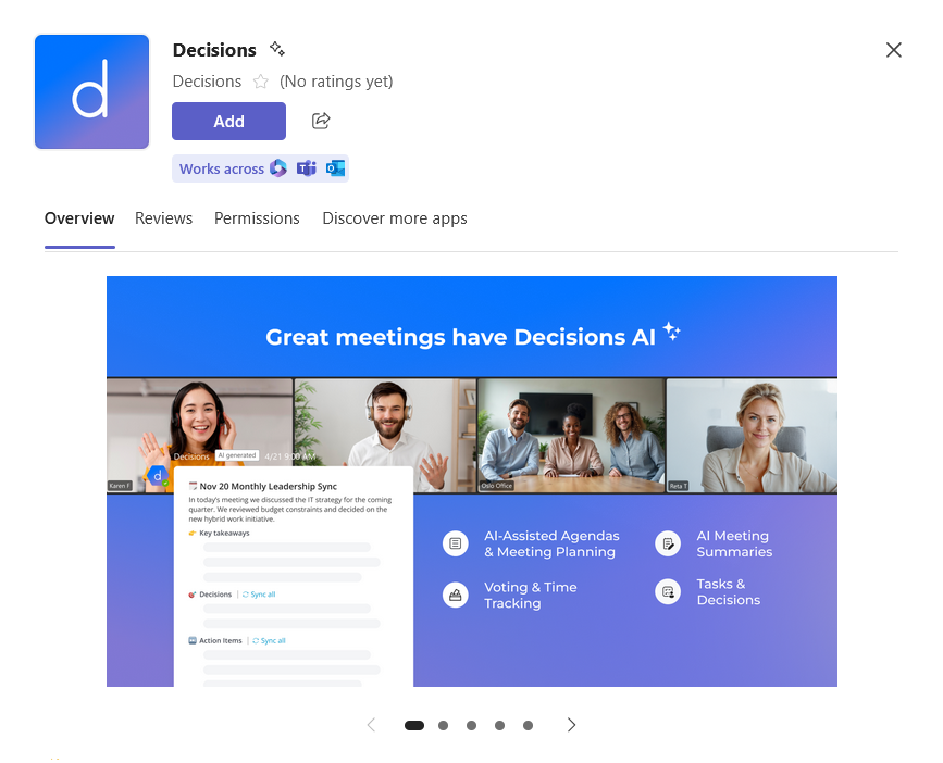 Decisions Teams app with meeting management features and team video previews