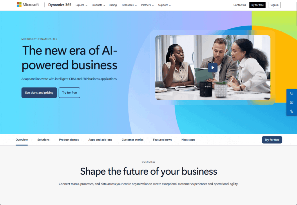 Microsoft Dynamics 365 homepage for AI-powered business