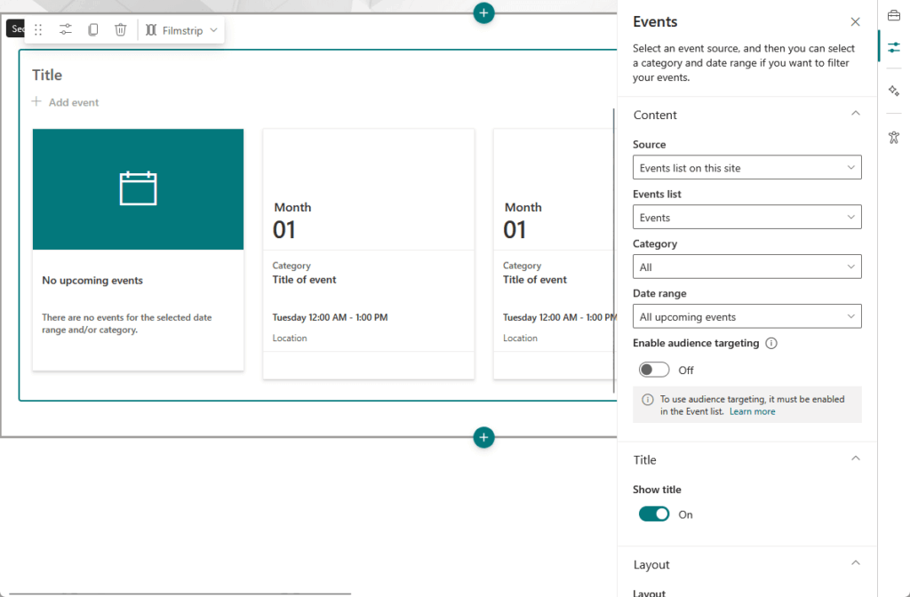 events web part and properties