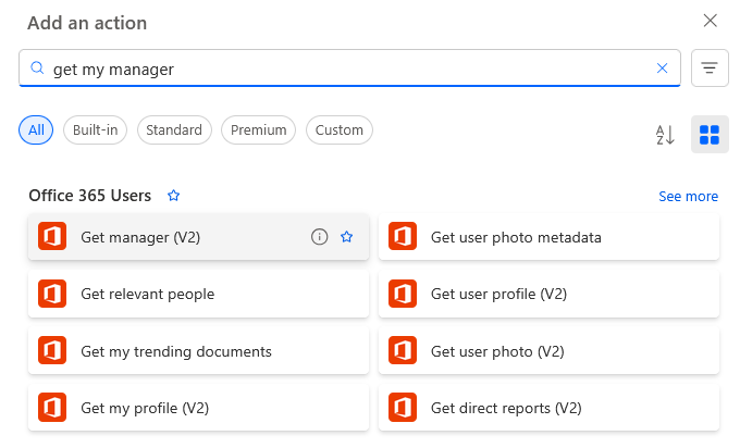Action list filtered to “get my manager” in Office 365 Users