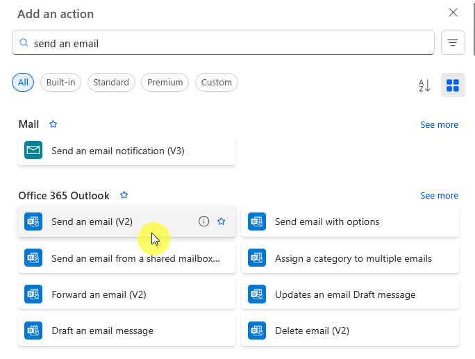 Action list filtered to “send an email” in Office 365 Outlook
