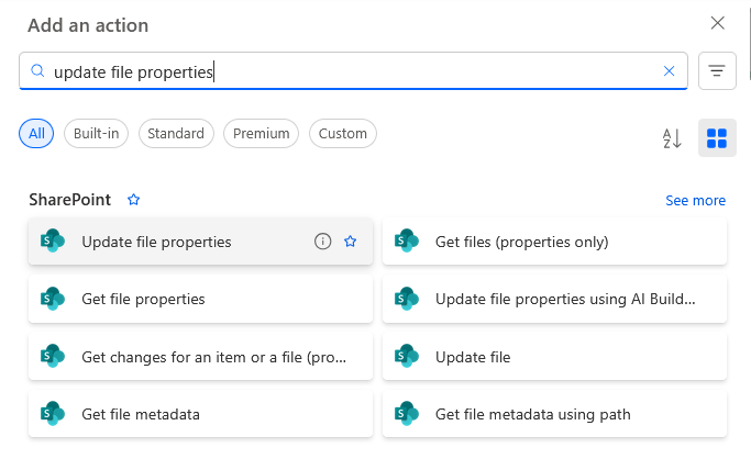 Action list filtered to show “update file properties” options in SharePoint