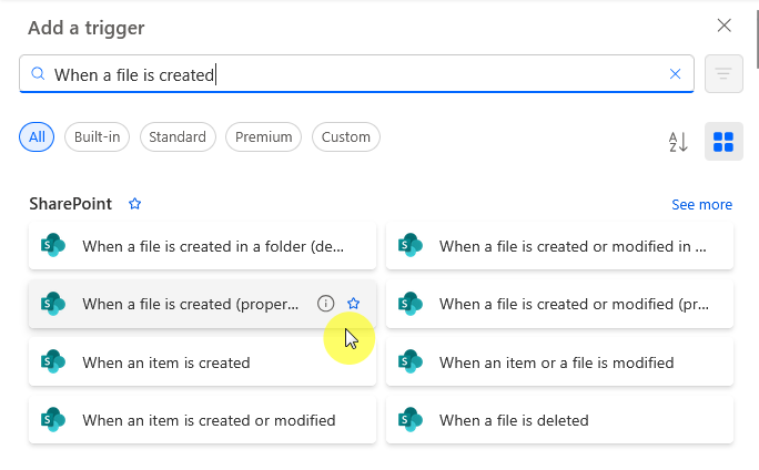 Trigger list filtered to show SharePoint options for file creation events