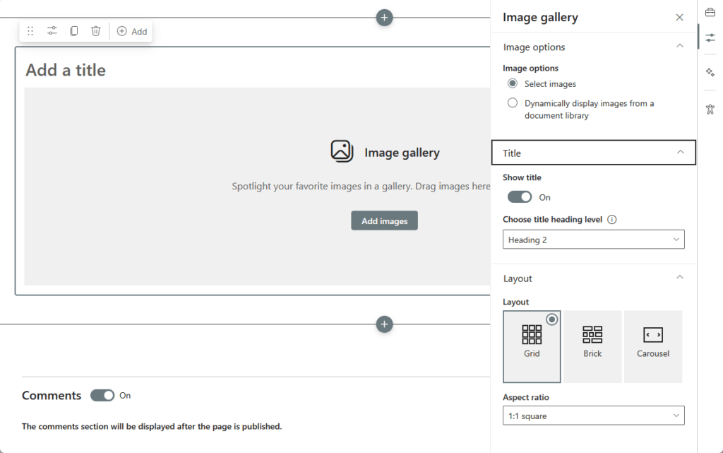 image gallery web part and properties