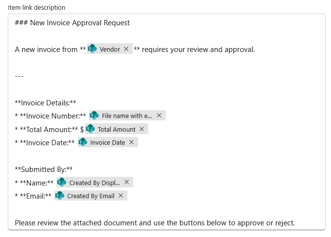 Markdown-formatted approval request message with invoice and submitter details