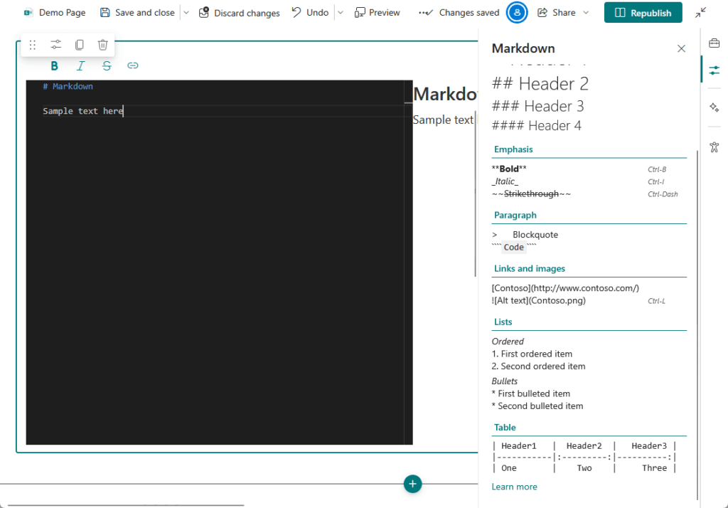 markdown web part and properties