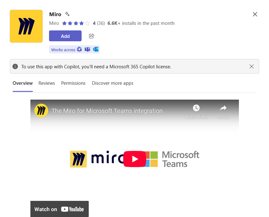 Miro Teams app with integration info and a video about using Miro in Teams