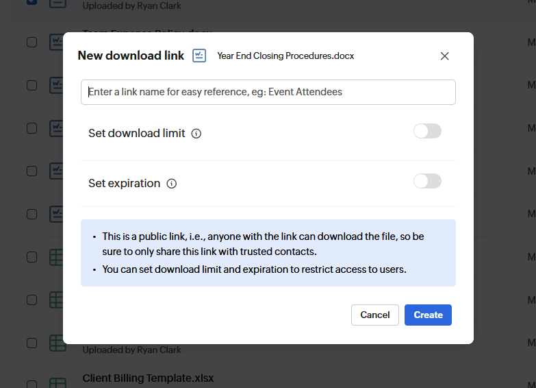 Dialog box for creating a new download link with sharing and expiration options in Zoho WorkDrive
