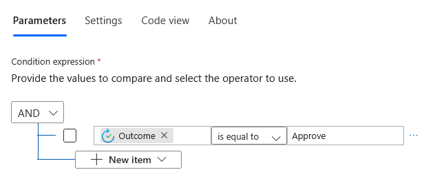 Condition expression checking if outcome is equal to “Approve”