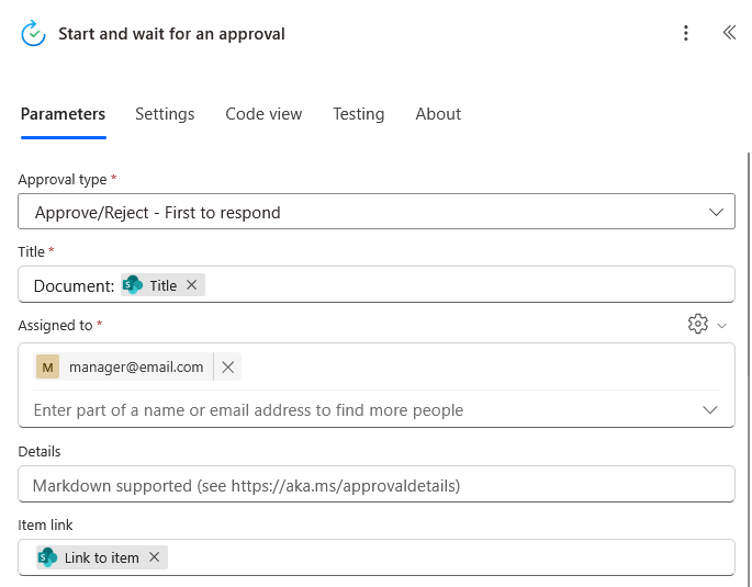 Power Automate approval step configuration with title, assignee, and item link