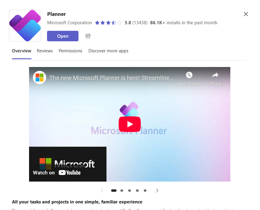 Microsoft Planner Teams app overview with video and install details