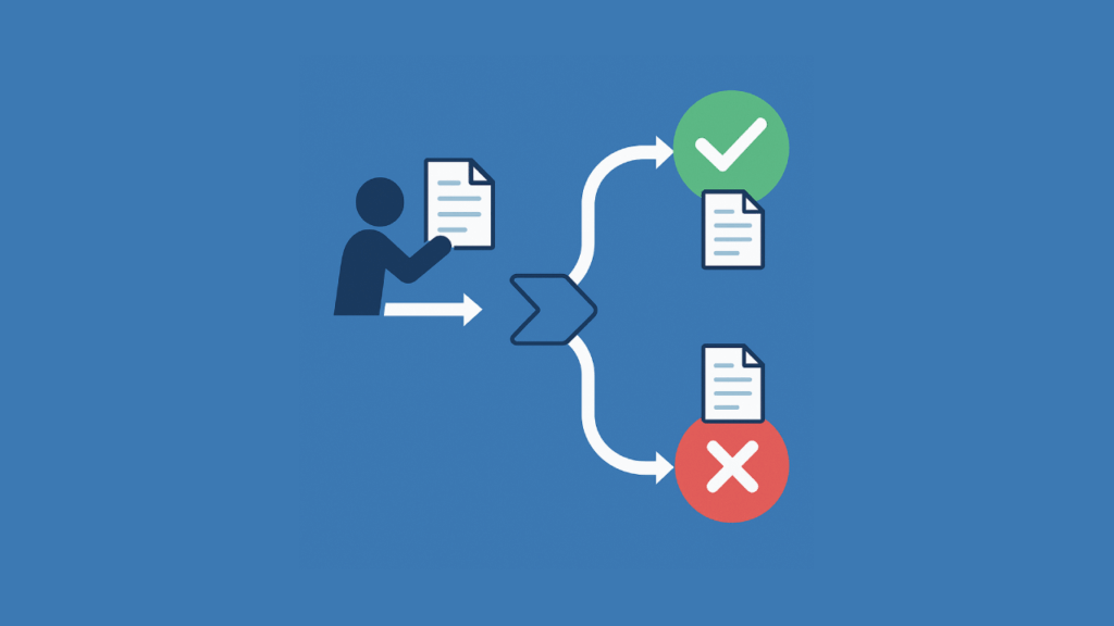 Illustration of automated document approval flow with approval/rejection paths