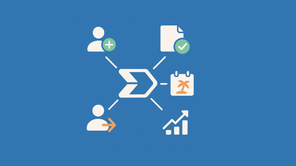 Blue graphic with central Power Automate icon connected to HR-related icons for people, tasks, and growth