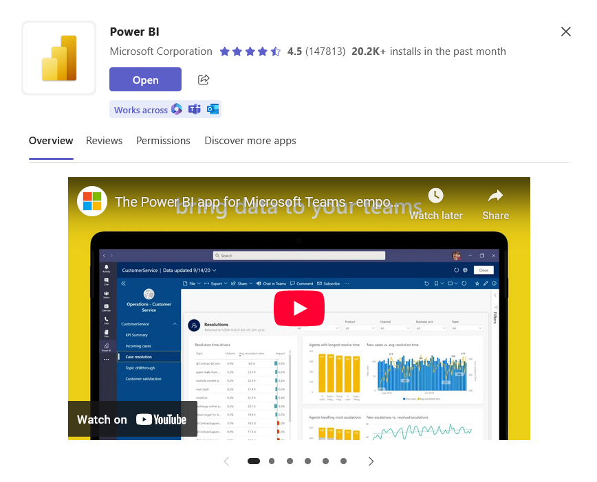 Power BI Teams app overview with rating, install count, and a video preview