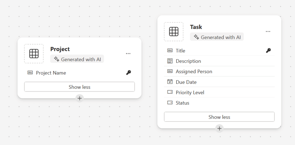Power Apps AI-generated tables for a project tracker
