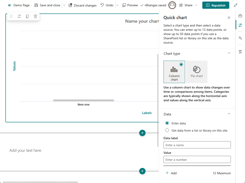 A SharePoint page displaying the Quick Chart web part settings, with options to select chart type (column or pie), enter data manually, or use a SharePoint list as a data source, and showing a basic column chart labeled “Item one.”