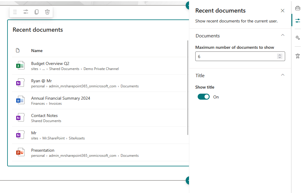 recent documents web part and properties